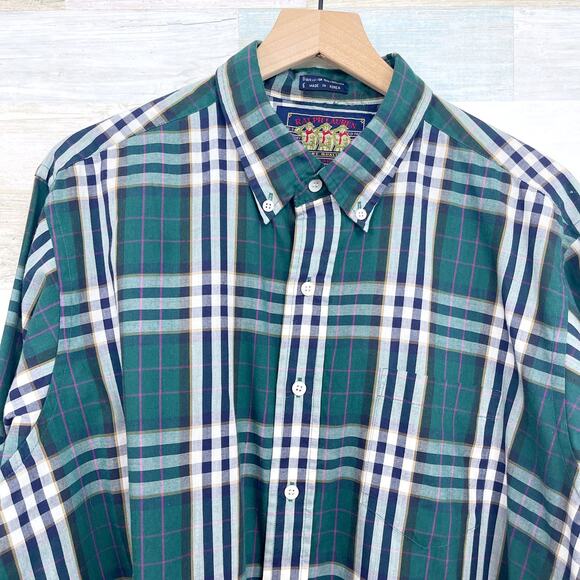 Ralph Lauren Chaps Vintage Poplin Button Down Shirt Green Plaid Korea Mens XL - Picture 2 of 5